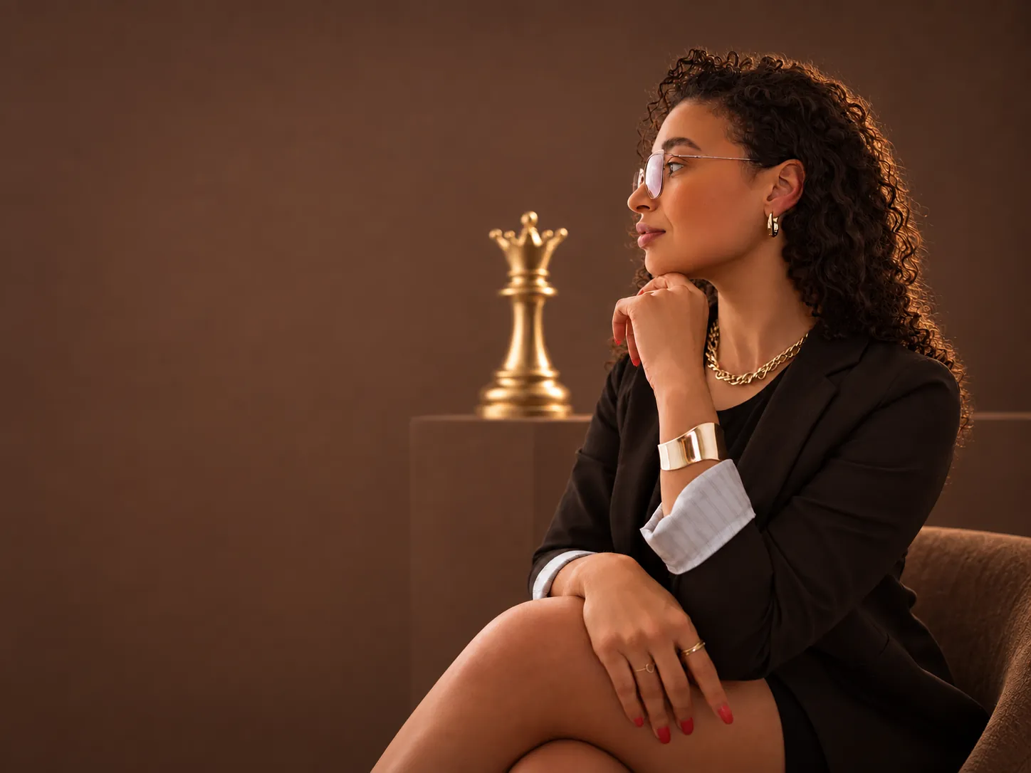 Sarajane Nunes sentada, de perfil, ao lado de uma Rainha de xadrez dourada